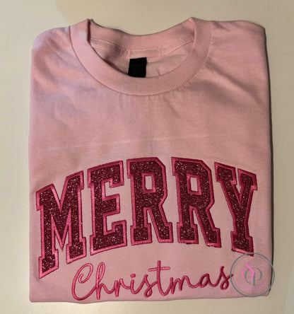 Pink embroidered “Merry Christmas” tee
