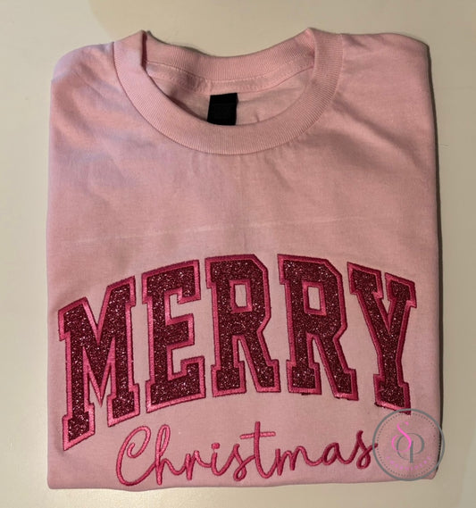 Pink embroidered “Merry Christmas” tee