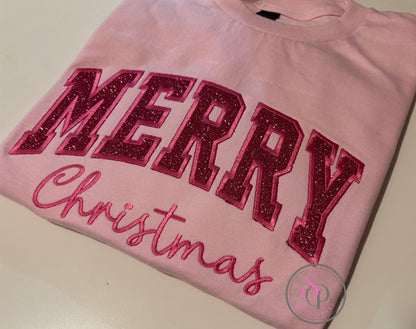 Pink embroidered “Merry Christmas” tee